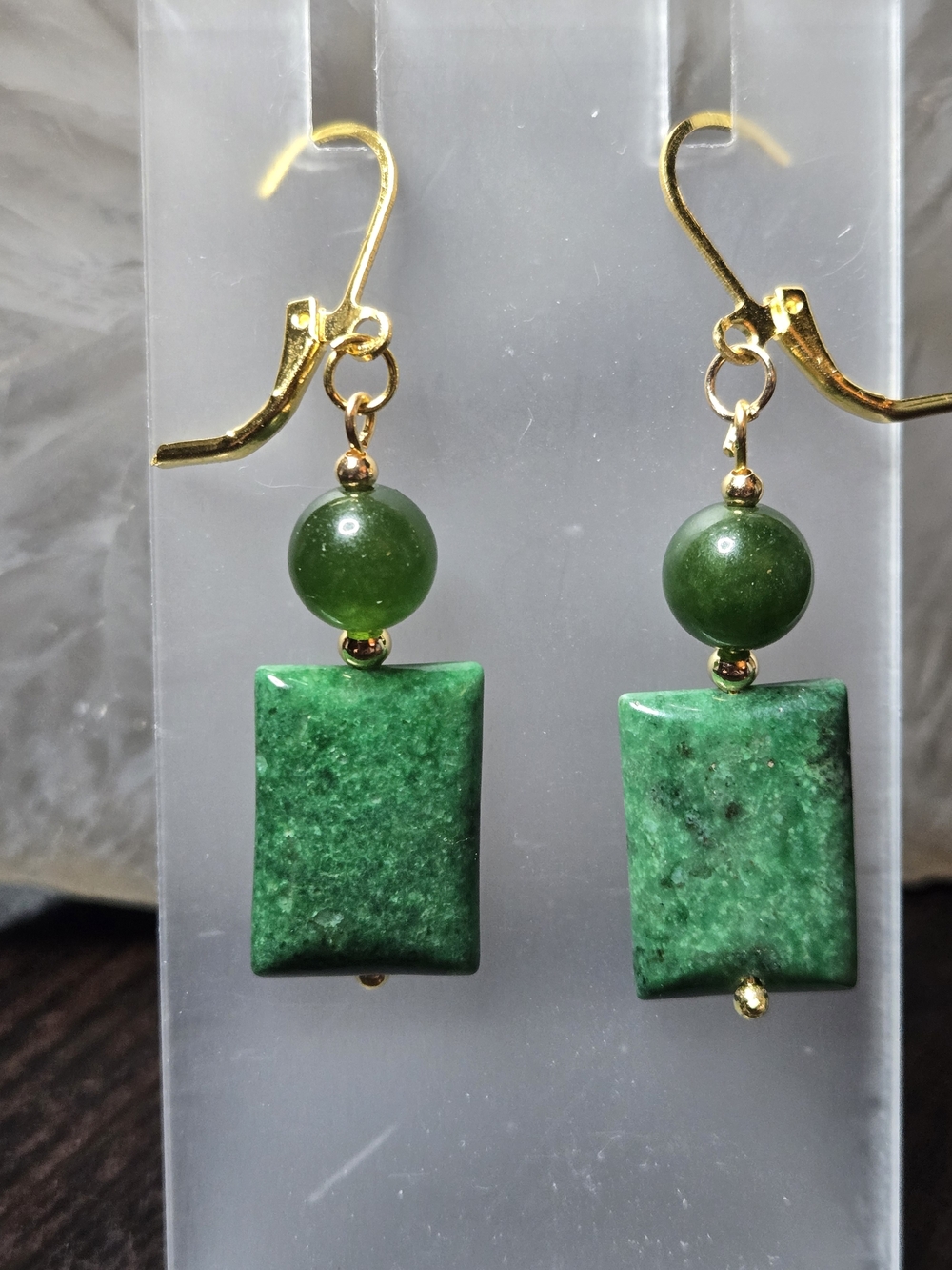 Emerald Green And Nephrite Jade Stone Drop Earrings - Picture 2 of 2